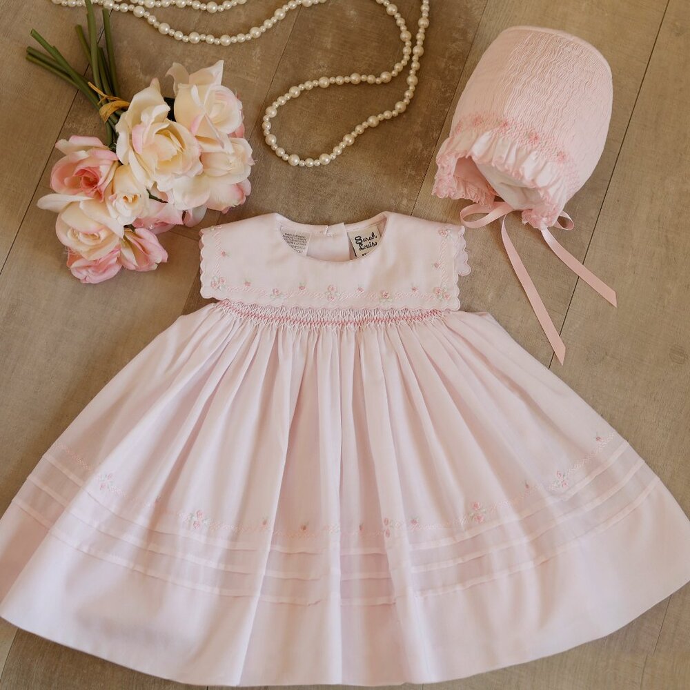 Pink Smocked Heirloom Dress and Smocked Bonnet Set Boutique Size 3/6 Months